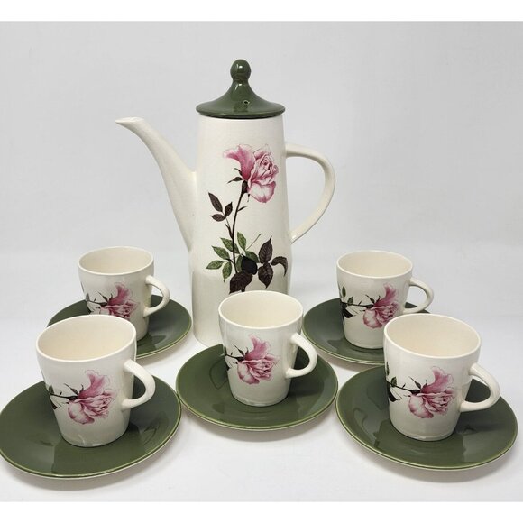 Mid Century Porcelain Coffee Pot & Cups Saucers Green Ivory Roses Palissy UK - Picture 3 of 12